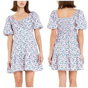 English Factory Puff Sleeve Floral Ruffle Trim Feminine Mini Dress